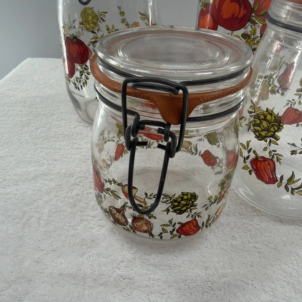 ARC France Vintage Spice Of Life Mushroom Veg Glass Canister Jar Set Of 4 1970s